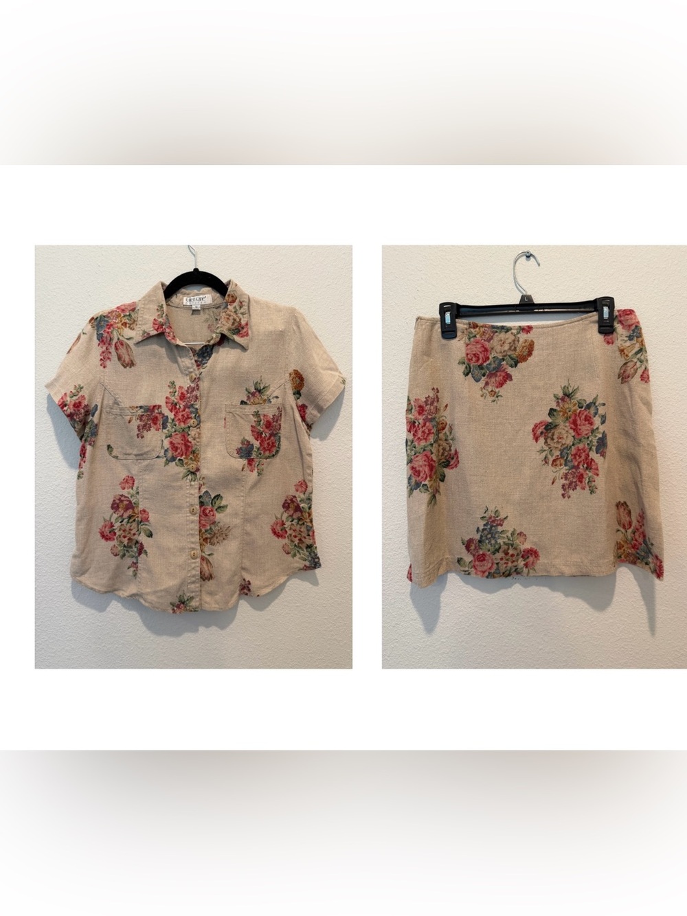 Karen Kane Linen Outfit Skirt & Button Top Victorian Floral Women’s Size 12p